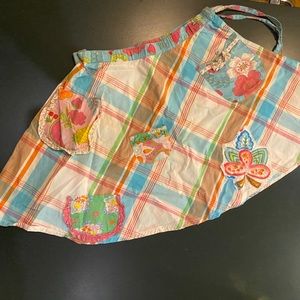 Room Seven cotton wrap skirt, summer plaid with floral and patch pocket accents
